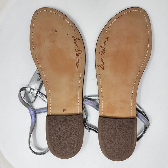 Sam Edelman Gigi Sandal Size 10M Iridescent T-Strap Toe Post Leather Flats Grey - Picture 10 of 11